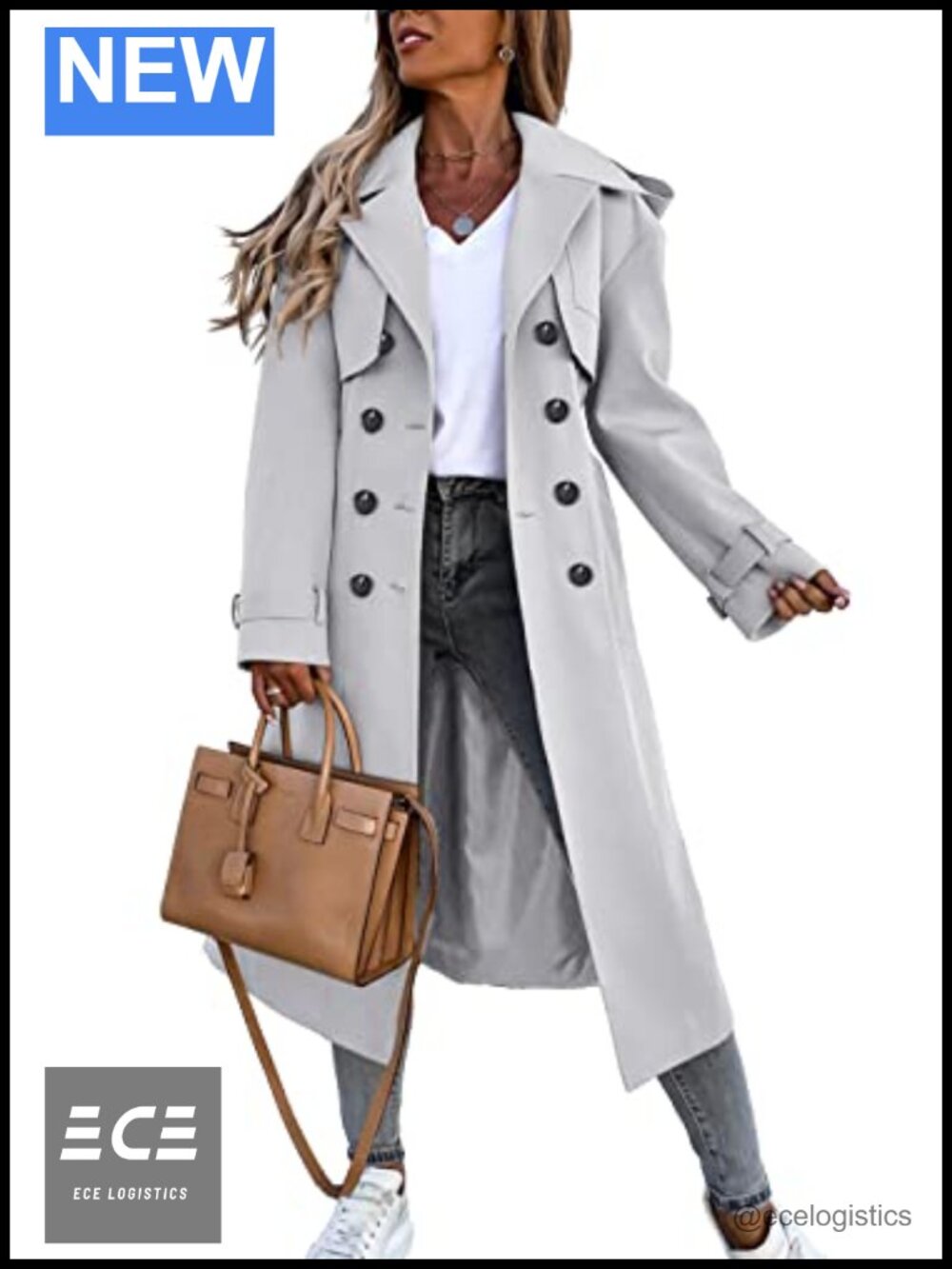 Women's Long Trench Coat Double Breasted Windproof Belted Overcoat